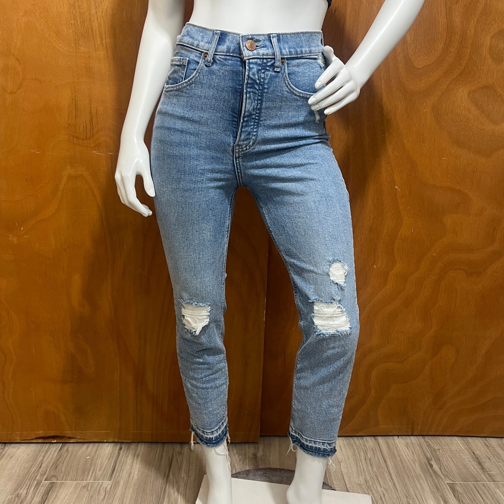 Express Mom Jeans Super High Rise Distressed Ankle Juniors 00R Blue